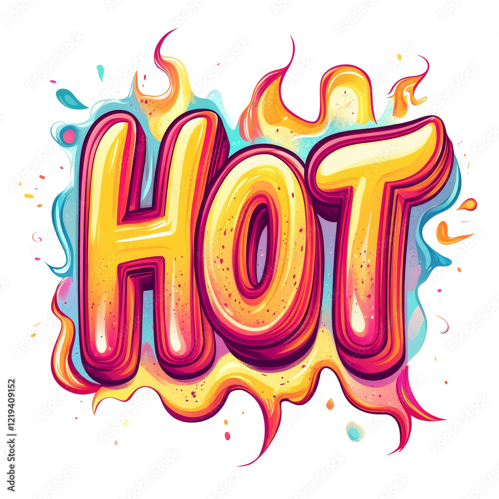 Poster a vibrant stylized depiction of the word hot using bold colorful lettering and flame-like abstract s