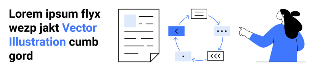 Businesswoman pointing at circular flowchart with document and text. Ideal for business strategy, workflow management, corporate training, project planning, presentations, educational content. Banner
