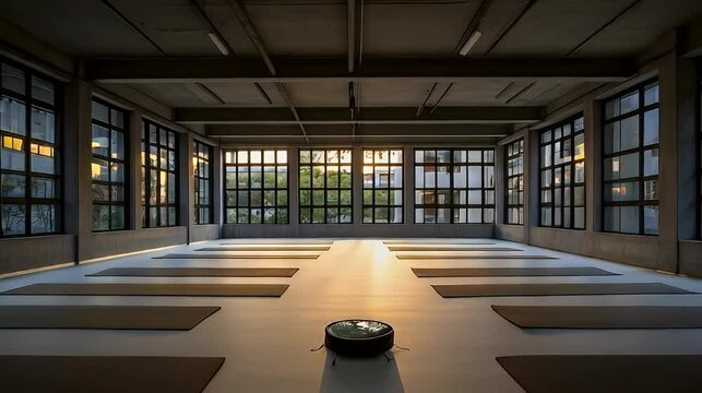 Sunset yoga studio mats, urban industrial space
