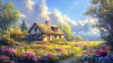 Rustic cottage in the countryside surrounded by flower fields, peaceful summer day  