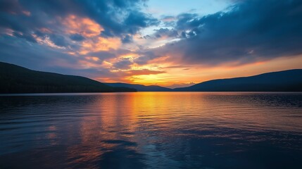 Fototapeta premium Breathtaking Sunset Over a Mountain Lake with Beautiful Reflections and Peaceful Nature Views