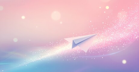 Paper Airplane Flying Across the Sky with Light Trail and Bright Dots on a Pastel Gradient Background