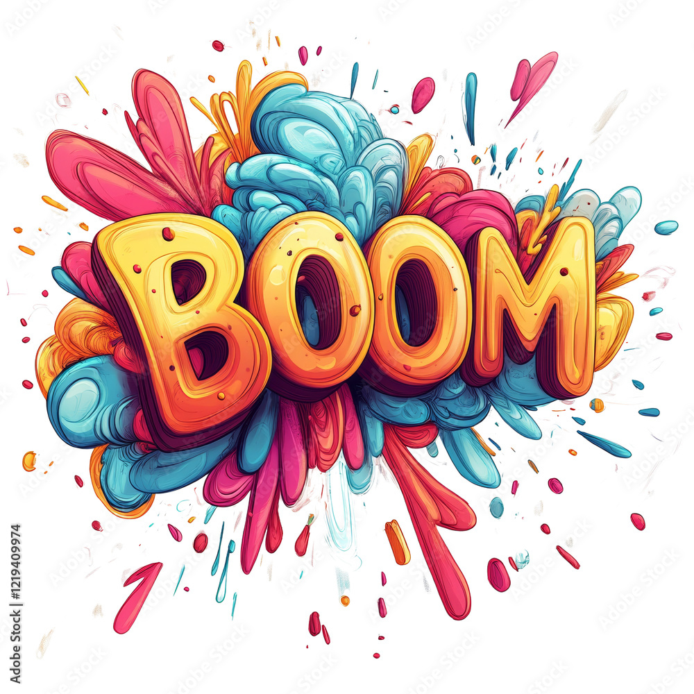 Poster a vibrant and dynamic illustration of the word boom surrounded by a colorful paint explosion.