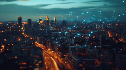 Fototapeta premium Smart digital Innovation city with connection network reciprocity over the twilight cityscape. of future smart wireless digital city and social media networking systems that connects people with city