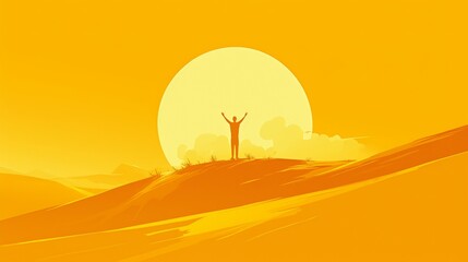  Person with arms raised towards the sun, celebrating victory and hope in front of a vibrant sunrise with mountains on each side. 