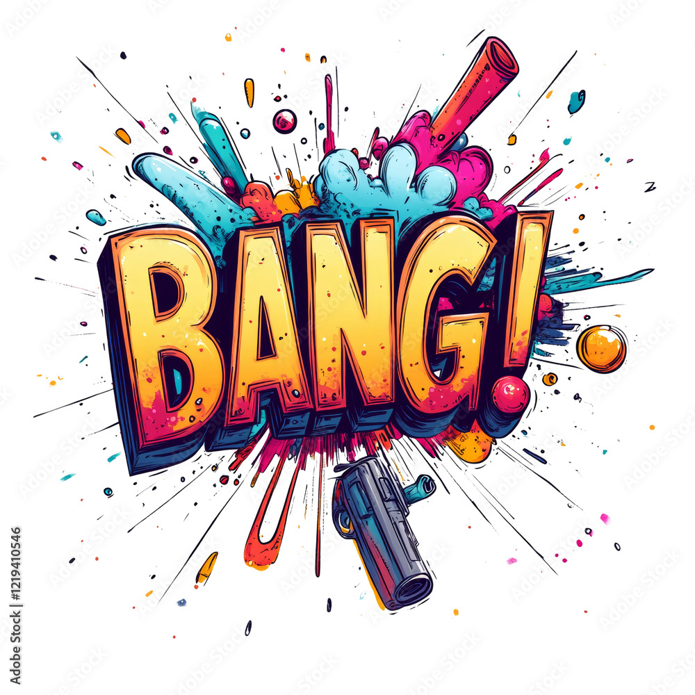 Poster a vibrant graphic design depicts the word bang with a gun and a colorful explosion effect.