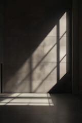 Obraz premium Sunlight streams through a window, casting shadows on a tiled wall and floor.
