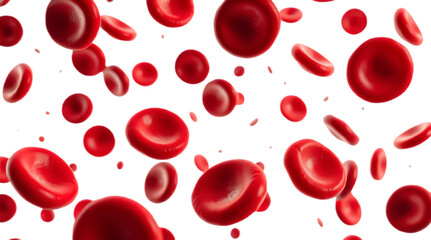 a collection of red blood cells, also known as erythrocytes, floating in a fluid medium. These cells are depicted in various orientations, highlighting their characteristic biconcave disc shape.