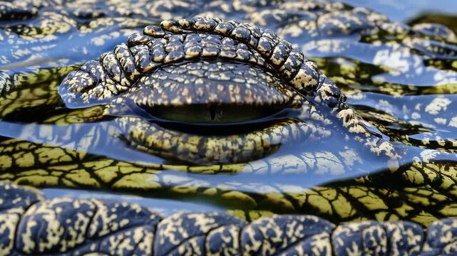 Close-up of a crocodile eye with detailed texture reflecting surroundings, wildlife and nature concept