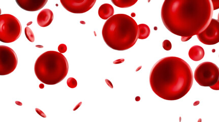 a collection of red blood cells, also known as erythrocytes, floating in a fluid medium. These cells are depicted in various orientations, highlighting their characteristic biconcave disc shape.