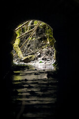 Water stream going through a small tunnel with steep forest ground on the other side and reflection of it in the water, North Rhine-Westphalia, Germany
