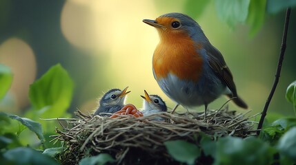 A robin feeding earthworms to its chicks in a nest surrounded by greenery
