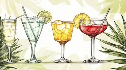 A set of four glasses filled with various drinks, ideal for illustrations or advertising