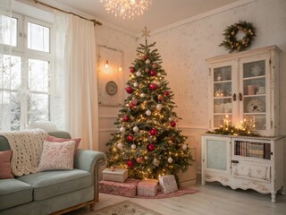 Shabby Chic Christmas Tree in Cozy Living Room - New Year's Holiday Interior