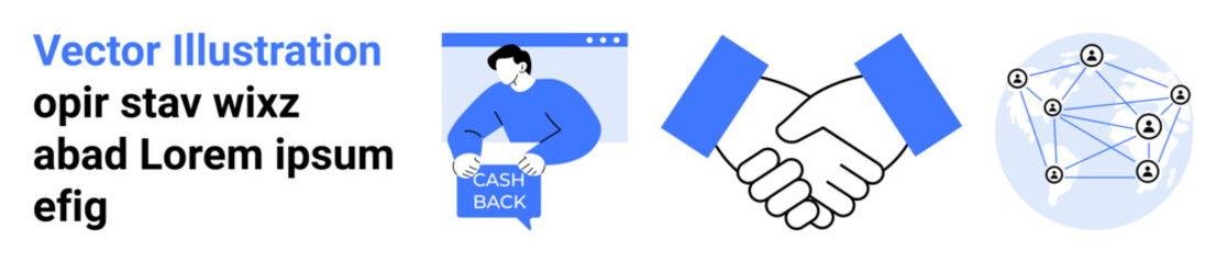 Hands holding cashback card, handshake, and network nodes and connections. Ideal for customer loyalty programs, partnerships, networking, financial services, business agreements, digital platforms