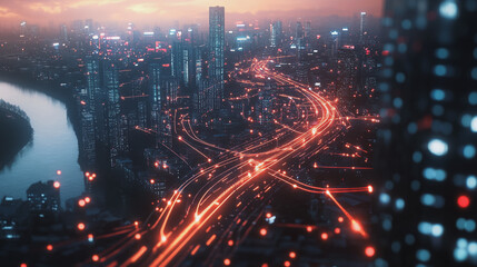 Fototapeta premium Smart digital Innovation city with connection network reciprocity over the twilight cityscape. of future smart wireless digital city and social media networking systems that connects people with city