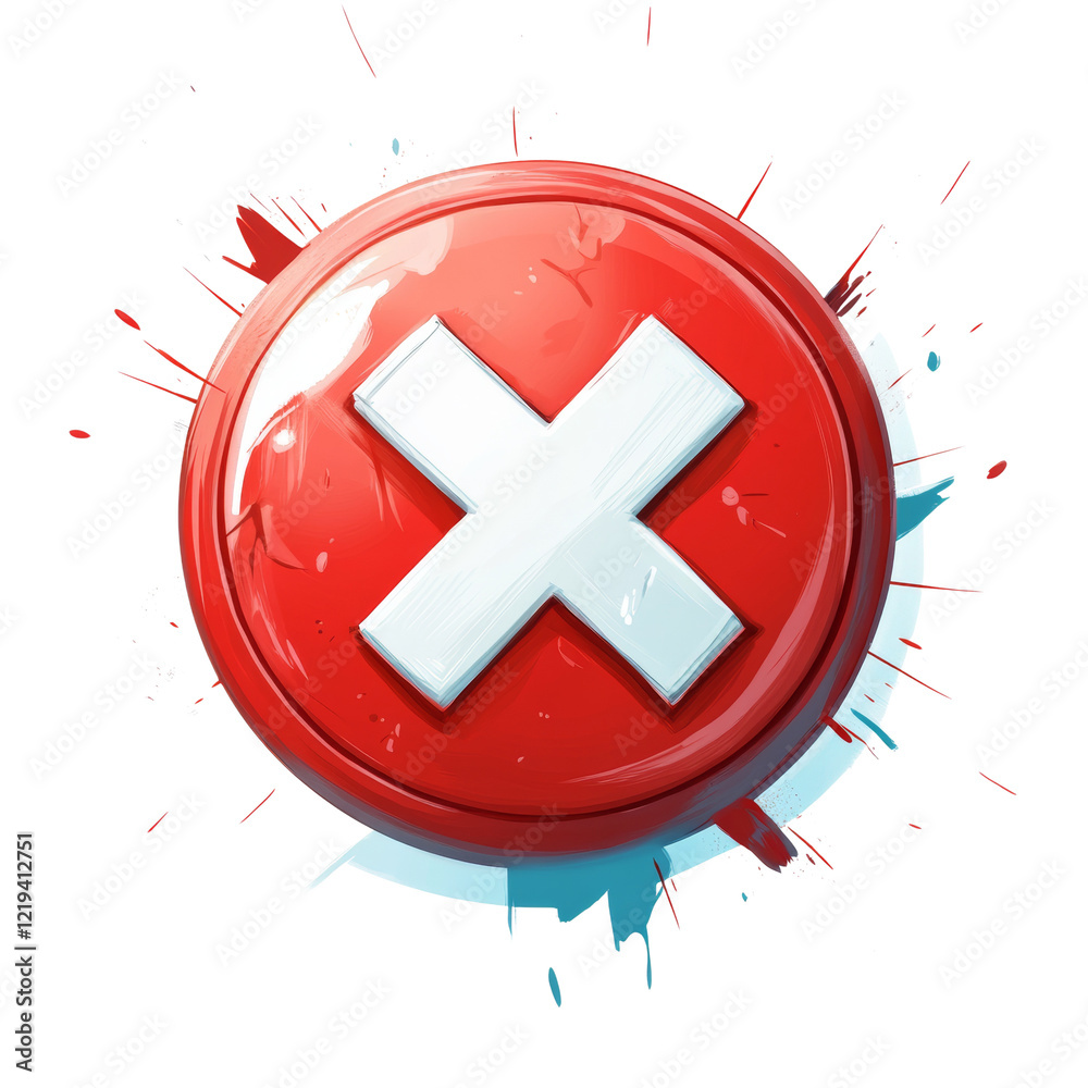 Poster A stylized red button with a white X, suggesting cancellation or error.  The button has a glossy finish and is surrounded by paint splatters.
