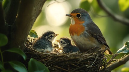 A robin feeding its chicks in a nest tucked within dense branches