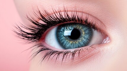 Macro close up of a female blue eye with long black eyelashes and soft pink skin around, showcasing the intricate details of the iris and pupil