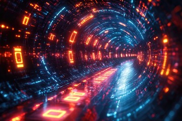 Obraz premium A brightly lit tunnel with neon lights in the middle, suitable for use in futuristic or sci-fi concepts