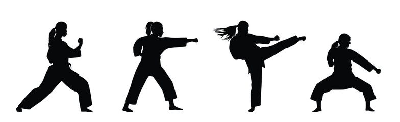karate woman silhouette in different fighting poses