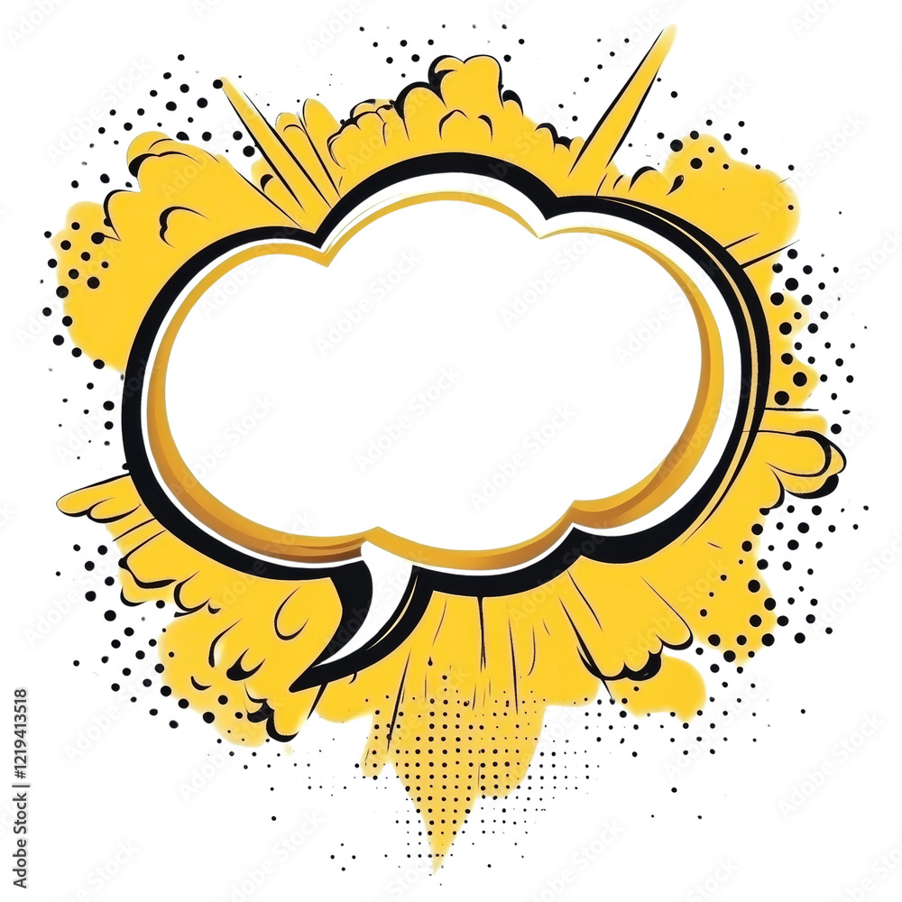 Poster a stylized yellow speech bubble explodes from a black background with a pop art style.