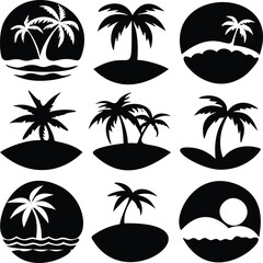 Tropical Island Silhouette Icons Set for Design