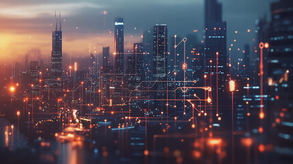 Fototapeta premium Smart digital Innovation city with connection network reciprocity over the twilight cityscape. of future smart wireless digital city and social media networking systems that connects people with city