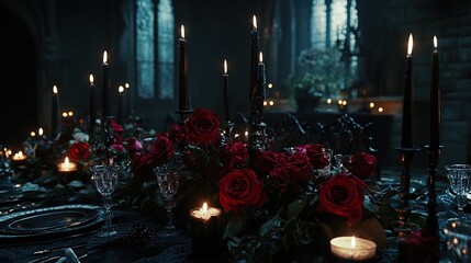 Elegant Halloween dinner setup, black candles, dark roses, gothic style, luxurious setting