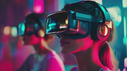 Young people working with virtual reality glasses in creative office - Co-workers using new technology trends - Focus on last woman headset - Tech, startup, youth, future and design concept