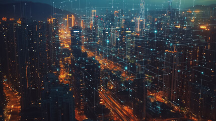 Obraz premium Smart digital Innovation city with connection network reciprocity over the twilight cityscape. of future smart wireless digital city and social media networking systems that connects people with city