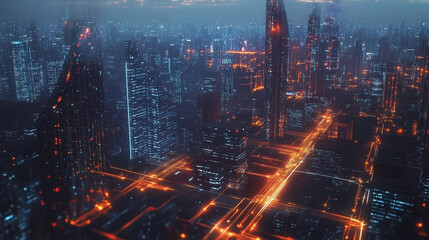 Obraz premium Smart digital Innovation city with connection network reciprocity over the twilight cityscape. of future smart wireless digital city and social media networking systems that connects people with city