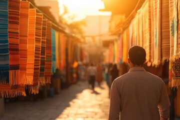 Winding alleyway adorned with colorful fabrics, bathed in golden