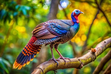 Obraz premium Sickle-wing Turkey Closeup: Vibrant Chestnut & Blue Wild Bird on Branch - Tilt-Shift Photography