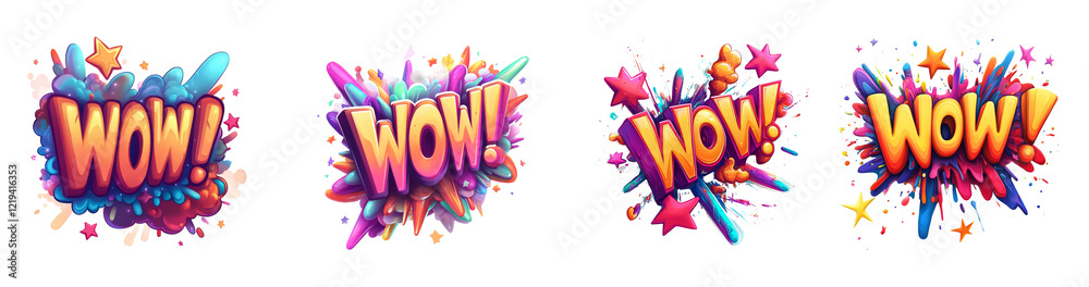 Poster four vibrant digital illustrations of the word wow surrounded by colorful paint splashes and stars.