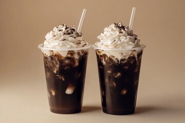 Two iced coffee drinks with whipped cream and cookie crumbles.