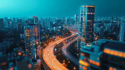 Obraz premium Smart digital Innovation city with connection network reciprocity over the twilight cityscape. of future smart wireless digital city and social media networking systems that connects people with city