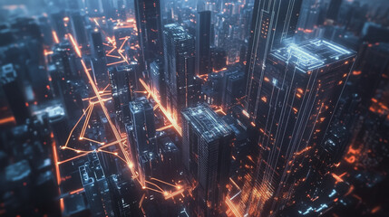 Fototapeta premium Smart digital Innovation city with connection network reciprocity over the twilight cityscape. of future smart wireless digital city and social media networking systems that connects people with city