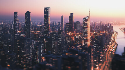 Naklejka premium Smart digital Innovation city with connection network reciprocity over the twilight cityscape. of future smart wireless digital city and social media networking systems that connects people with city