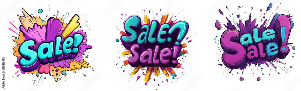 Poster three dynamic sale announcements designed in a vibrant graffiti style with colorful paint splatter e