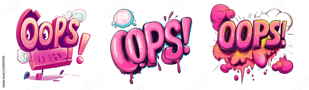 Poster The image showcases three distinct artistic interpretations of the word Oops each exhibiting a different style and visual effect.