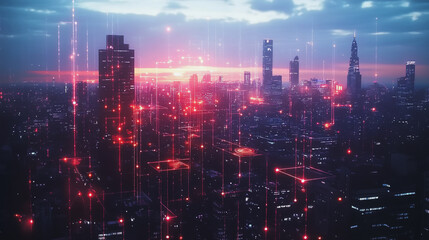 Fototapeta premium Smart digital Innovation city with connection network reciprocity over the twilight cityscape. of future smart wireless digital city and social media networking systems that connects people with city