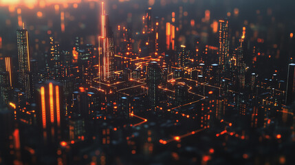 Fototapeta premium Smart digital Innovation city with connection network reciprocity over the twilight cityscape. of future smart wireless digital city and social media networking systems that connects people with city