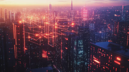 Obraz premium Smart digital Innovation city with connection network reciprocity over the twilight cityscape. of future smart wireless digital city and social media networking systems that connects people with city