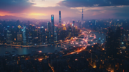 Smart digital Innovation city with connection network reciprocity over the twilight cityscape. of future smart wireless digital city and social media networking systems that connects people with city