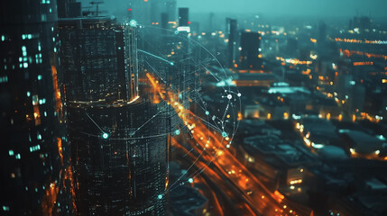 Fototapeta premium Smart digital Innovation city with connection network reciprocity over the twilight cityscape. of future smart wireless digital city and social media networking systems that connects people with city