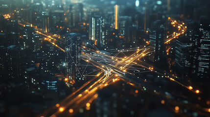 Fototapeta premium Smart digital Innovation city with connection network reciprocity over the twilight cityscape. of future smart wireless digital city and social media networking systems that connects people with city