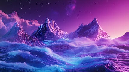 Surreal Purple Mountainscape: A Dreamlike Ocean Meets Majestic Peaks Under a Starry Sky