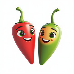 pair of 3D cartoon chilies, one red and one green, with cheerful expressions, showcasing their playful personalities. Perfect for food related themes or fun illustrations