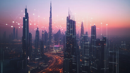 Fototapeta premium Smart digital Innovation city with connection network reciprocity over the twilight cityscape. of future smart wireless digital city and social media networking systems that connects people with city